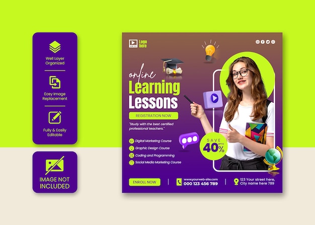 Online learning courses Instagram post or social media banner template