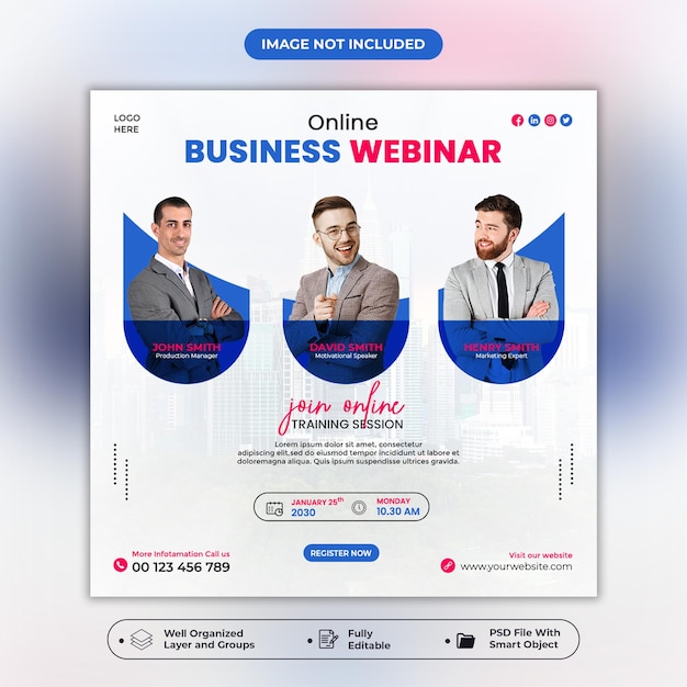 Online live webinar social media post or square banner template