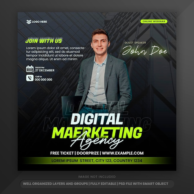 Online live webinar social media post with green color banner template