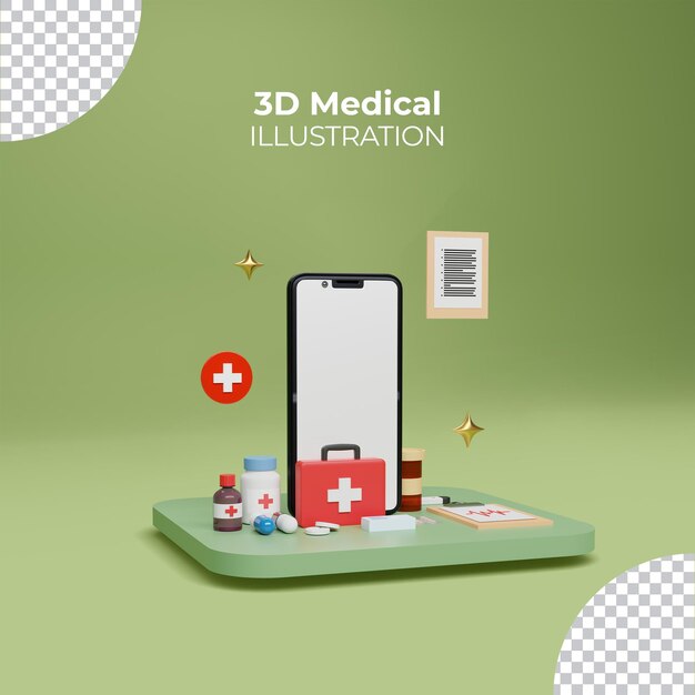 PSD online medicine sale concept with smartphone 3d rendered