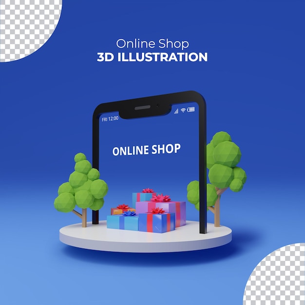 Online Shop App with gift box 3D Rendering Illustration