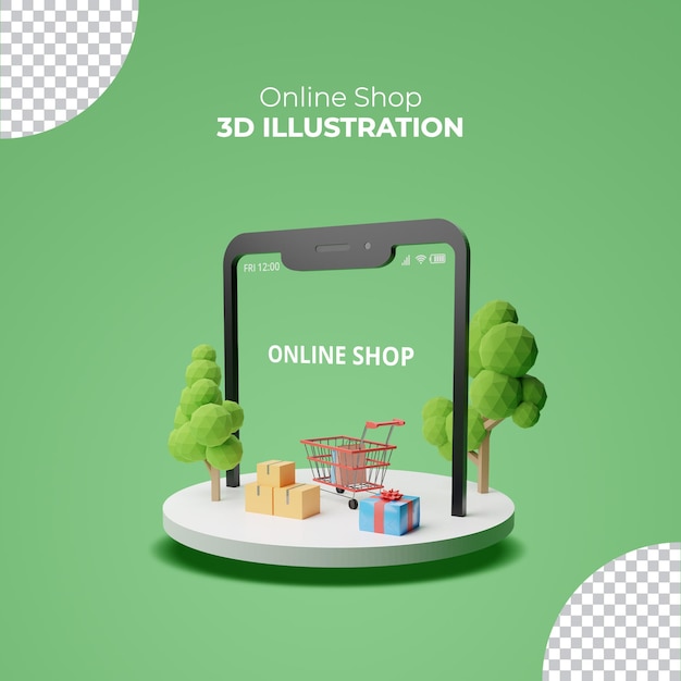 Online Shop illustration 3d rendering gift box and cart on the blue background