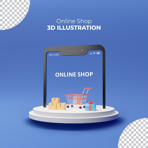 Online Shop illustration 3d rendering gift box and cart on the blue background