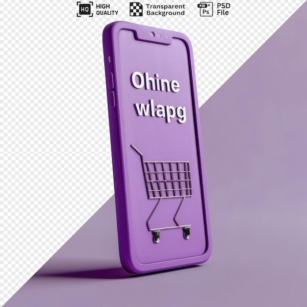 online shopping by smart phone mockup featuring a purple case and a metal shopping cart with a dark shadow in the background png psd