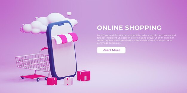 online shopping landing page website concept with a 3D mobile phone, parcel, and trolley cart