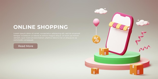 Online shopping web banner interface with 3D package and smartphone