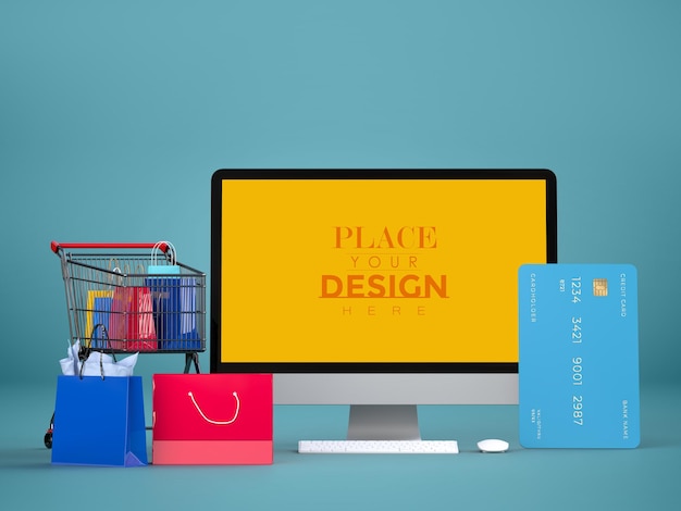 Online shopping with computer mockup template and shopping elements 