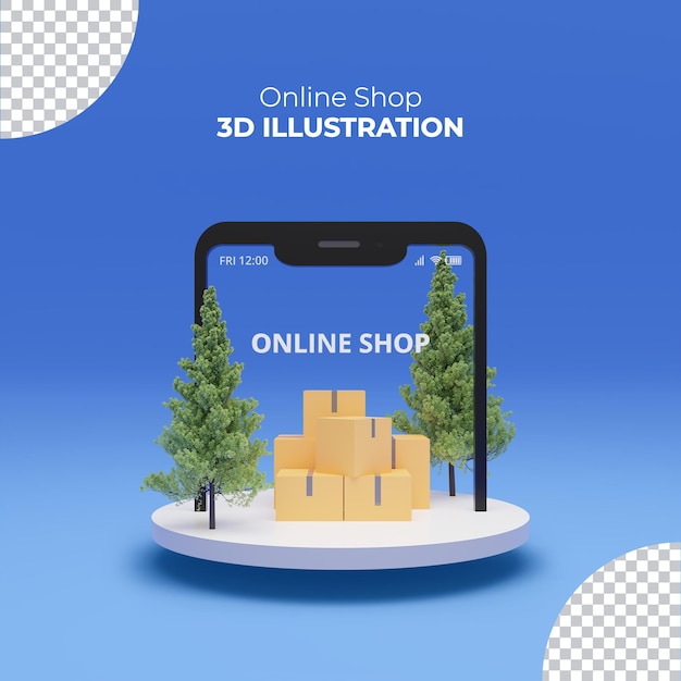 Online Shopping with smartphone 3D rendering shopping mall on podium