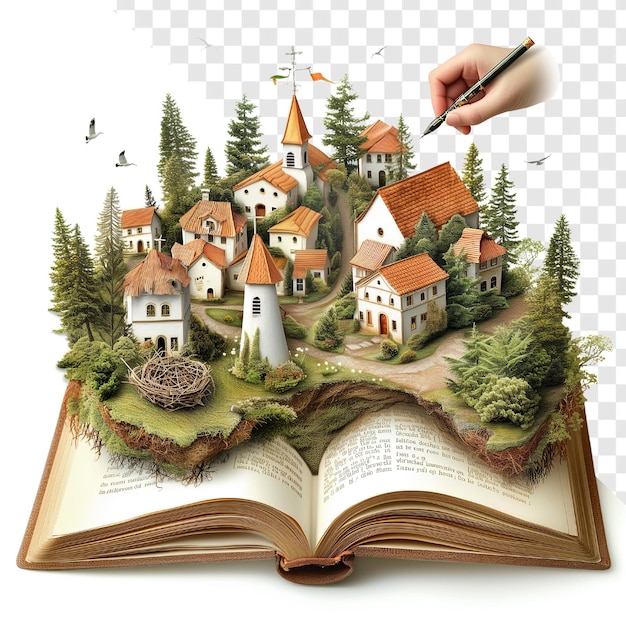 PSD open book with writing hand and countryside village realistic