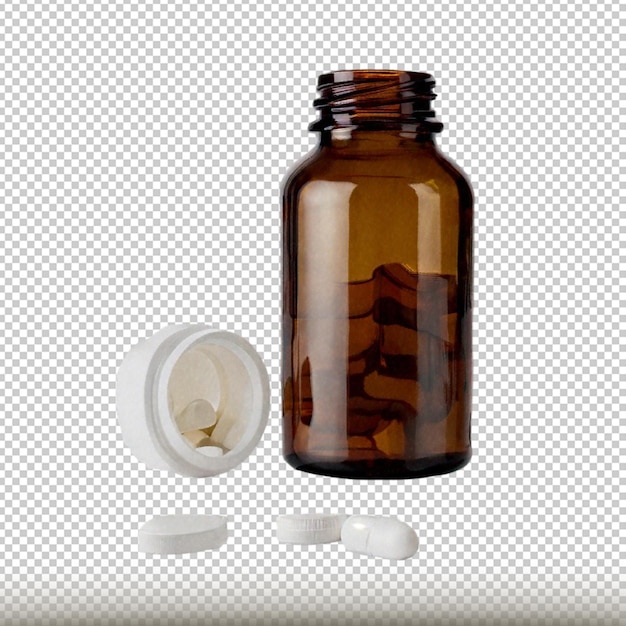 PSD open cap tilted brown glass bottle of medicine with white pills isolated on transparent background