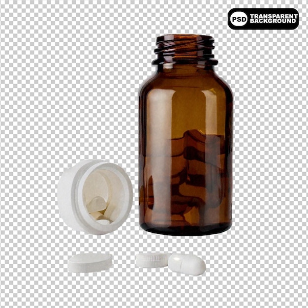 PSD open cap tilted brown glass bottle of medicine with white pills png on transparent background