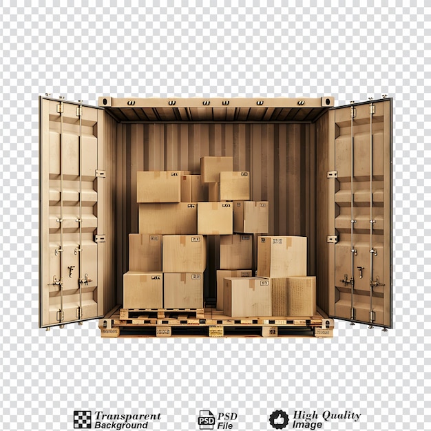 Open cargo container mockup with cardboard boxes isolated on transparent background