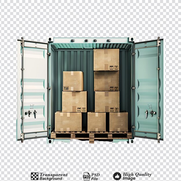 Open cargo container mockup with cardboard boxes isolated on transparent background