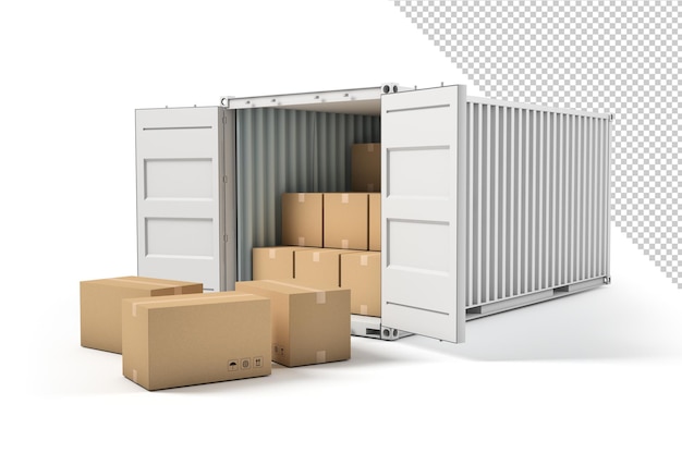 Open cargo container mockup with cardboard boxes