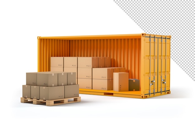 Open cargo container mockup with pallet and cardboard boxes