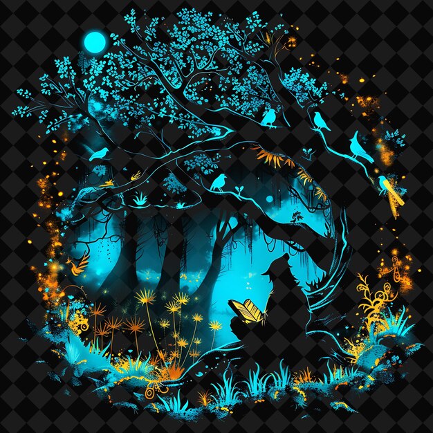 PSD open fantasy nights enchanted landscapes with neon forest y2k art and illustration animal designs