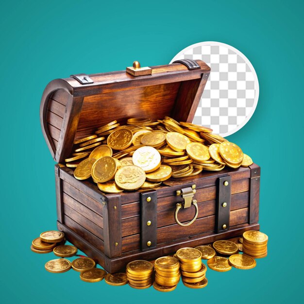 PSD open gold chest with arabic ornament with a bunch of on transparency background