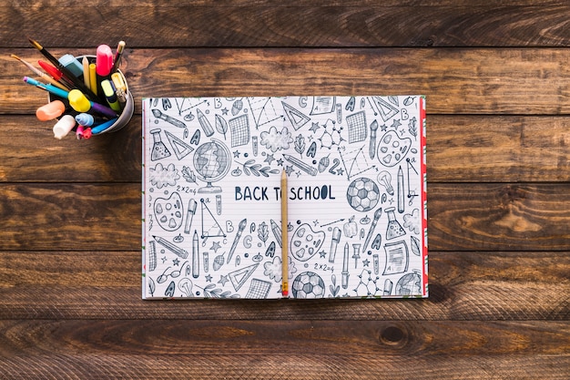 Open notebook mockup with back to school concept