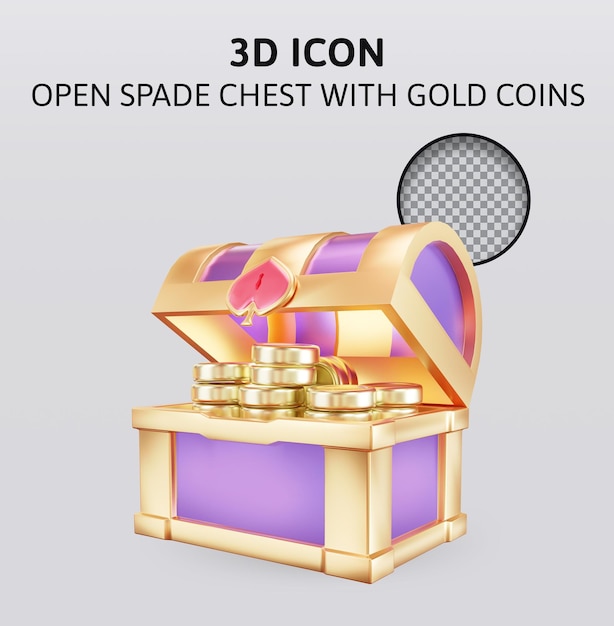 Open spade chest with golden coin 3d render illutration