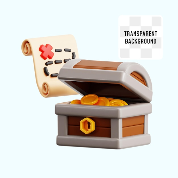 PSD open treasure chest map location guide paper scroll game ui assets 3d icon illustration render design