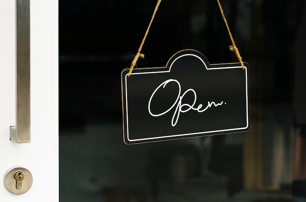 Open, wooden door sign mockup