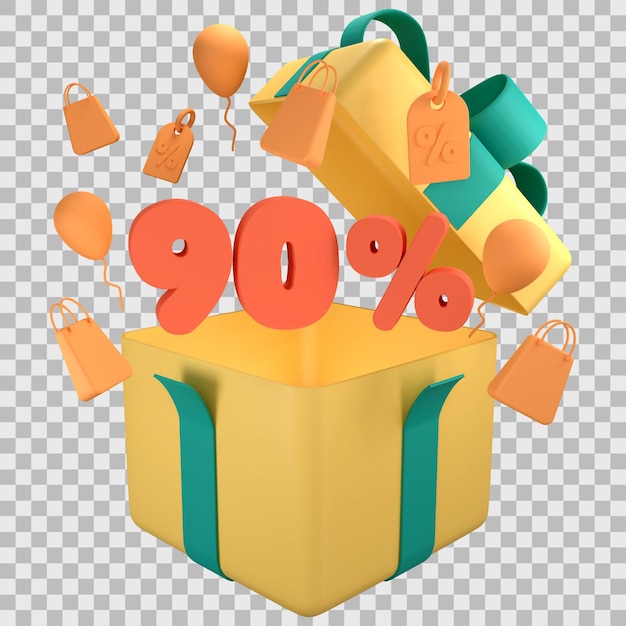 Opened 3D Gift Box and ninety percent discount with transparent background