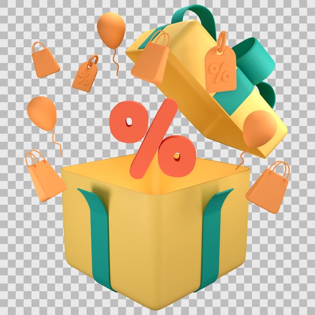 Opened 3D Gift Box and percent discount symbol with transparent background