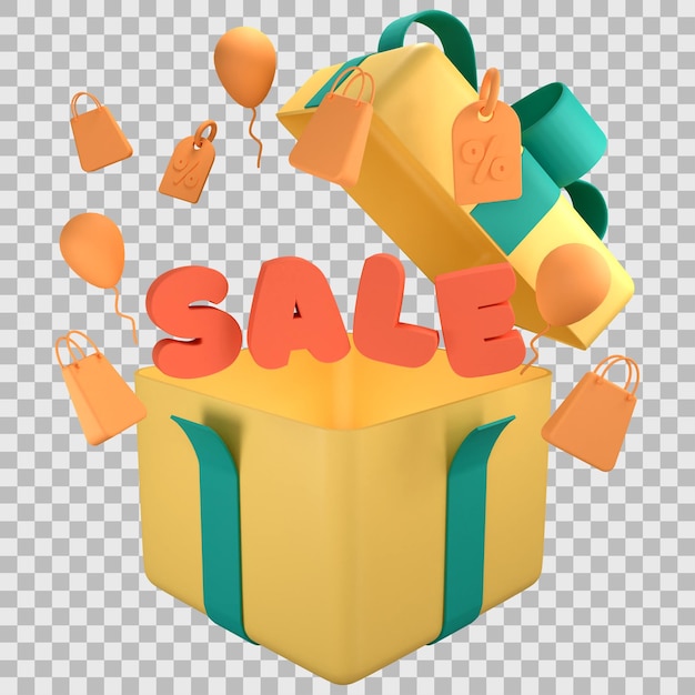 Opened 3D Gift Box and sale word with transparent background