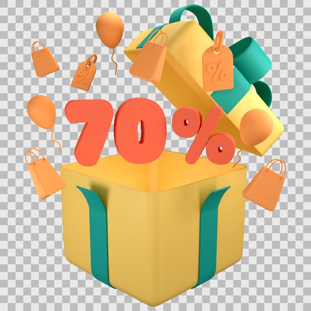 Opened 3D Gift Box and seventy percent discount with transparent background