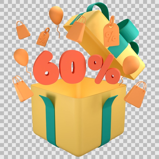 Opened 3D Gift Box and sixty percent discount with transparent background