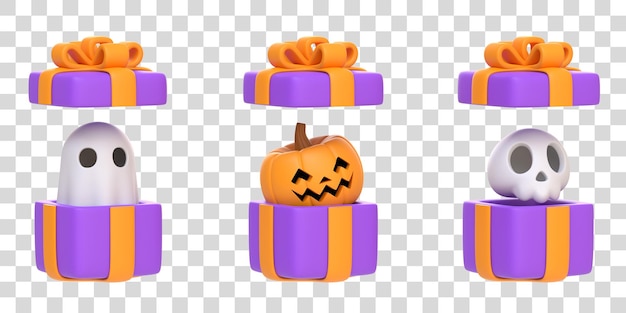 Opened gift box with cartoon skull ghost and Jack o Lantern pumpkin isolated on white background 3D