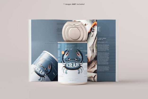 Opened Large Food Can and Magazine Mockup