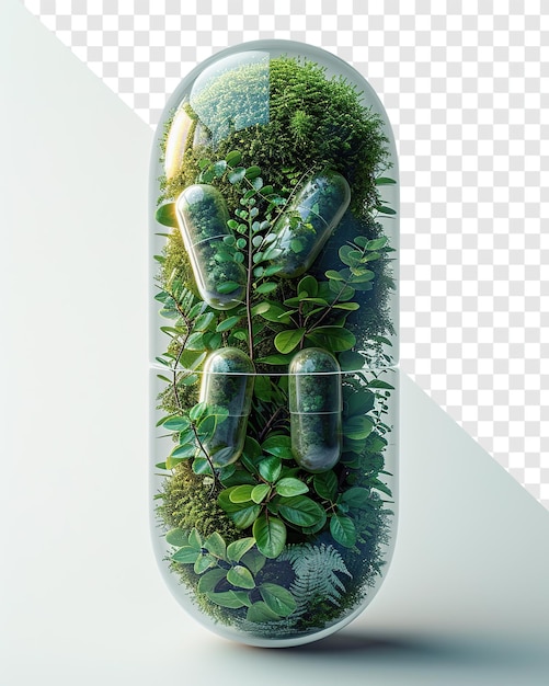 Opened Pill Capsule with Moss and Leaves Still Life