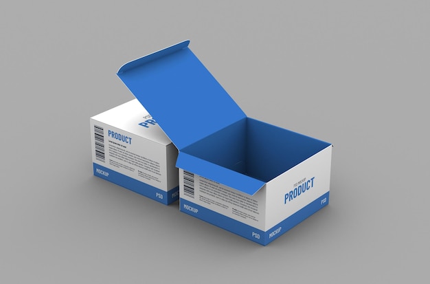 Opened square product box packaging mockup for brand advertising on a clean background