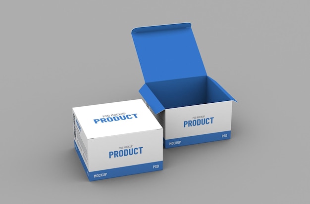 Opened square product box packaging mockup for brand advertising on a clean background