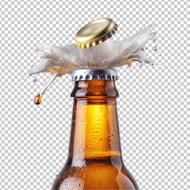 PSD opening of cold beer bottle gas output and bottle transparent background