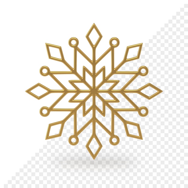 Openwork golden christmas snowflake 3d render. Festive interior decoration template. Geometric ornament with ice tracery. Star shaped ornament linear weaves. Creative crystal element.