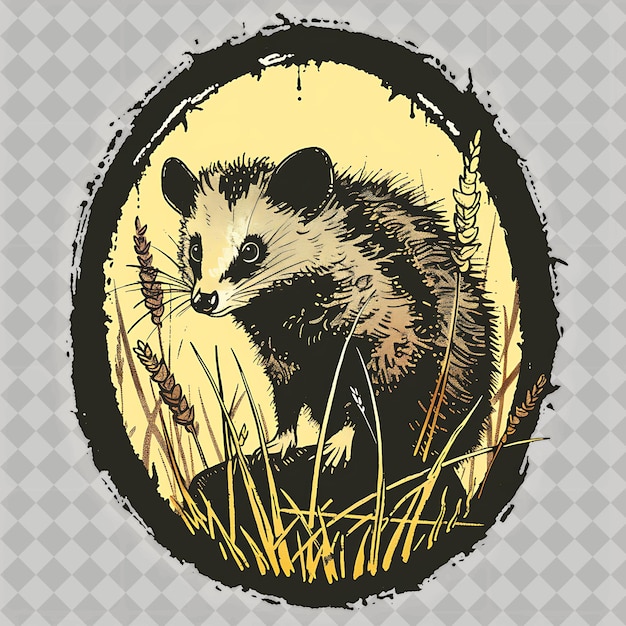 PSD opossum animal inside a silhouette oval grass adorned with l png watercolor animal designs