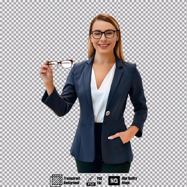 PSD optician in professional attire holding glasses standing and facing forward