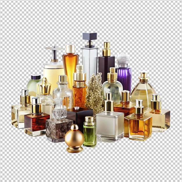 opulent array of designer fragrance bottles on white background