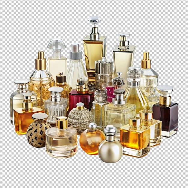 PSD opulent array of designer fragrance bottles on white background