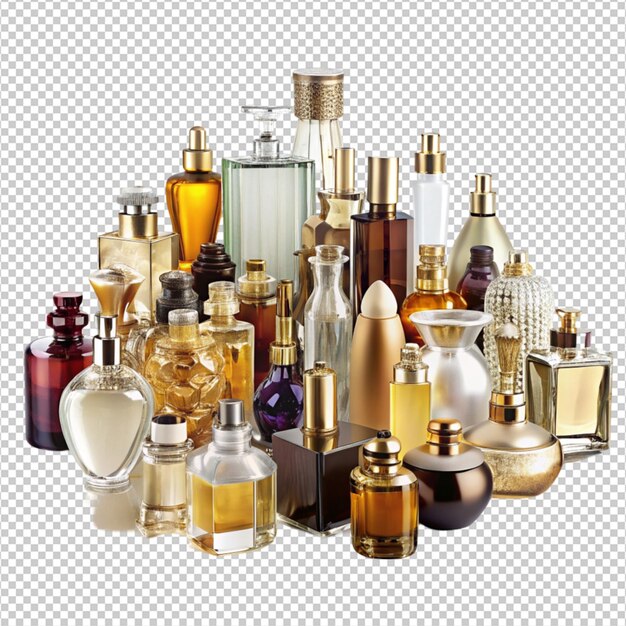 PSD opulent array of designer fragrance bottles on white background