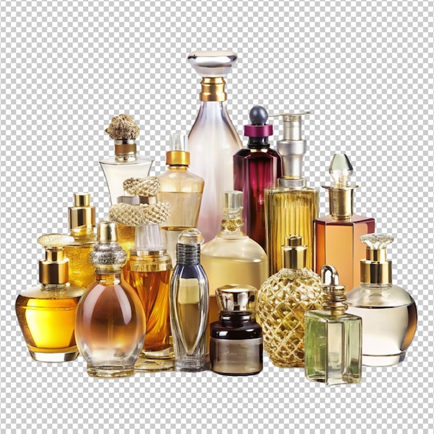 opulent array of designer fragrance bottles on white background