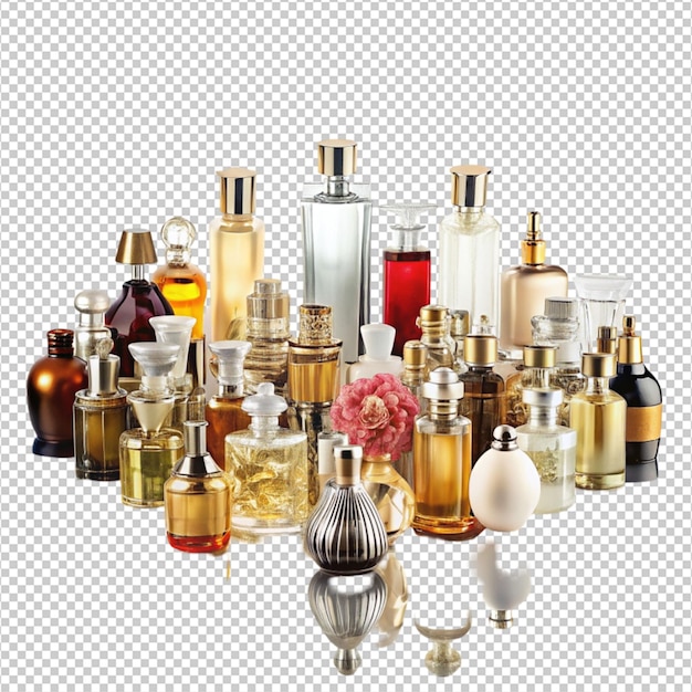 opulent array of designer fragrance bottles on white background