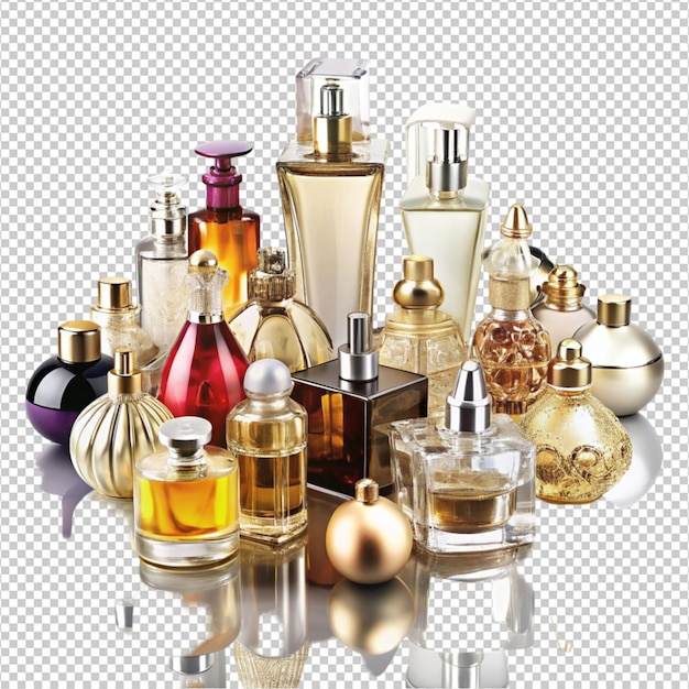 PSD opulent array of designer fragrance bottles on white background