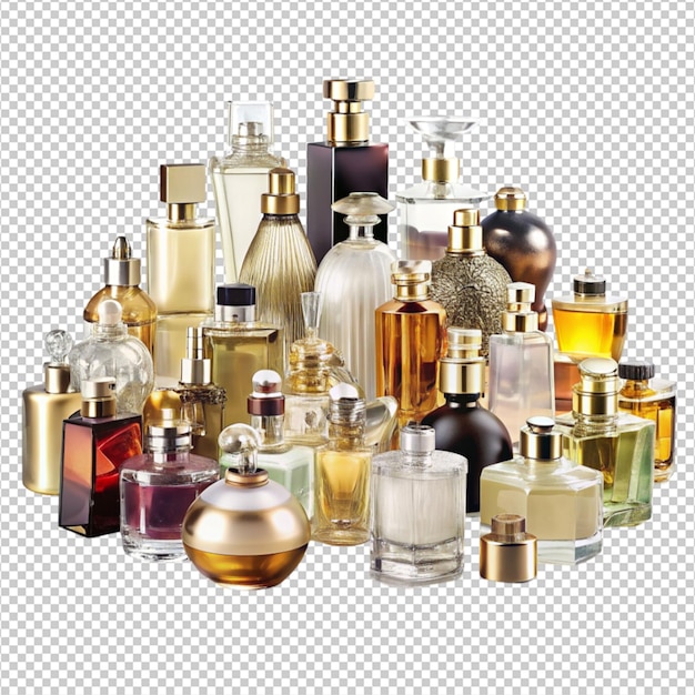 PSD opulent array of designer fragrance bottles on white background