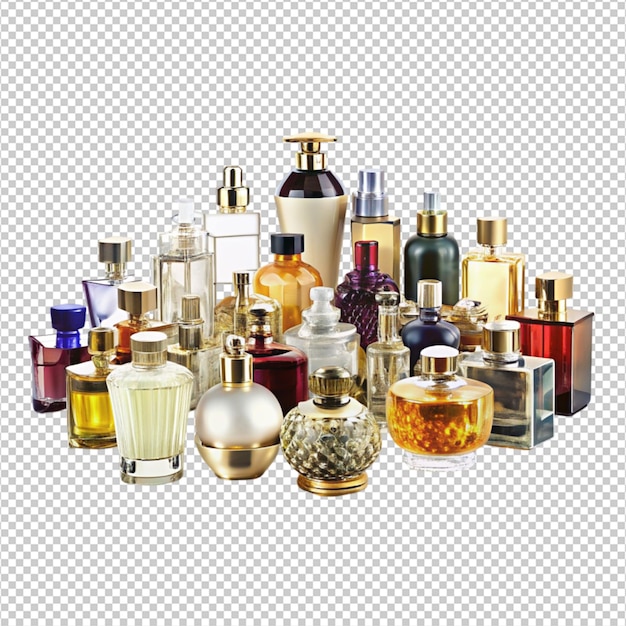 PSD opulent array of designer fragrance bottles on white background