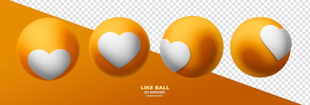 Orange balls with like icon in various perspectives 3d render