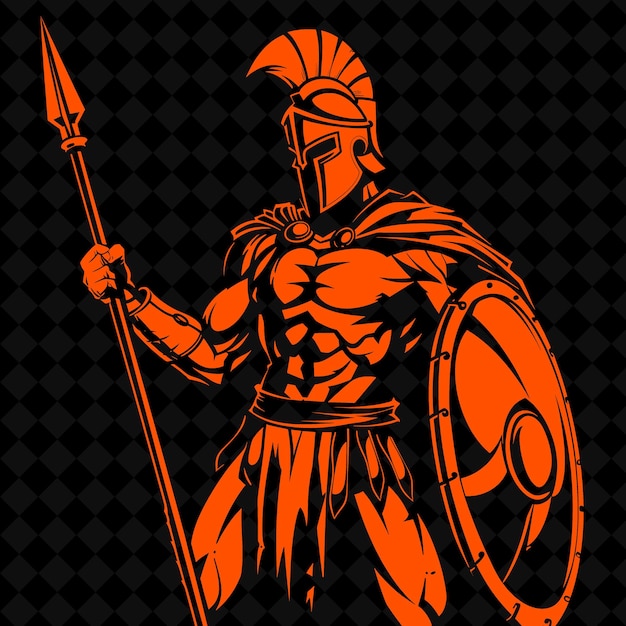 an orange and black logo with a warrior in a armor and a shield