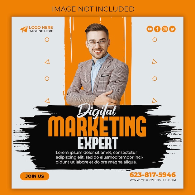 An orange and black poster that says digital marketing expert.